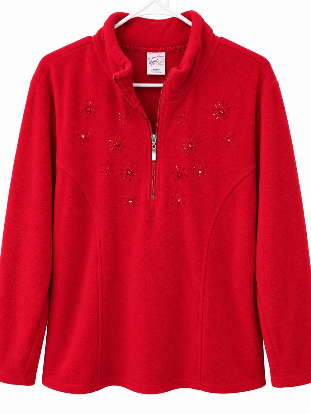 Holiday Sweater Just My Size 3X Red Fleece Quarter Zip Pullover Beaded